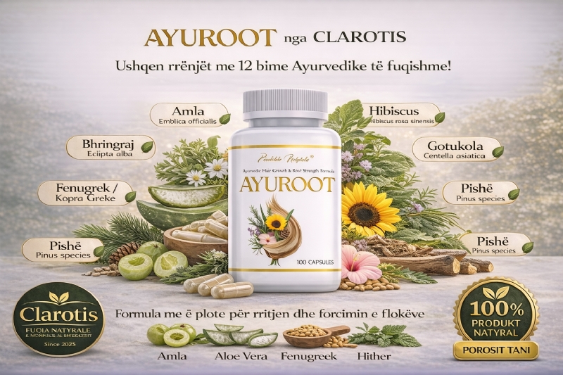 AYUROOT suplement bimor nga CLAROTIS, kapsula me bime ayurvedike per floket, suplement per floket e demtuar, suplement per rigjenerimin e flokeve, kapsula natyrale per floket, suplement per dendesi te flokeve, suplement per floket e thate